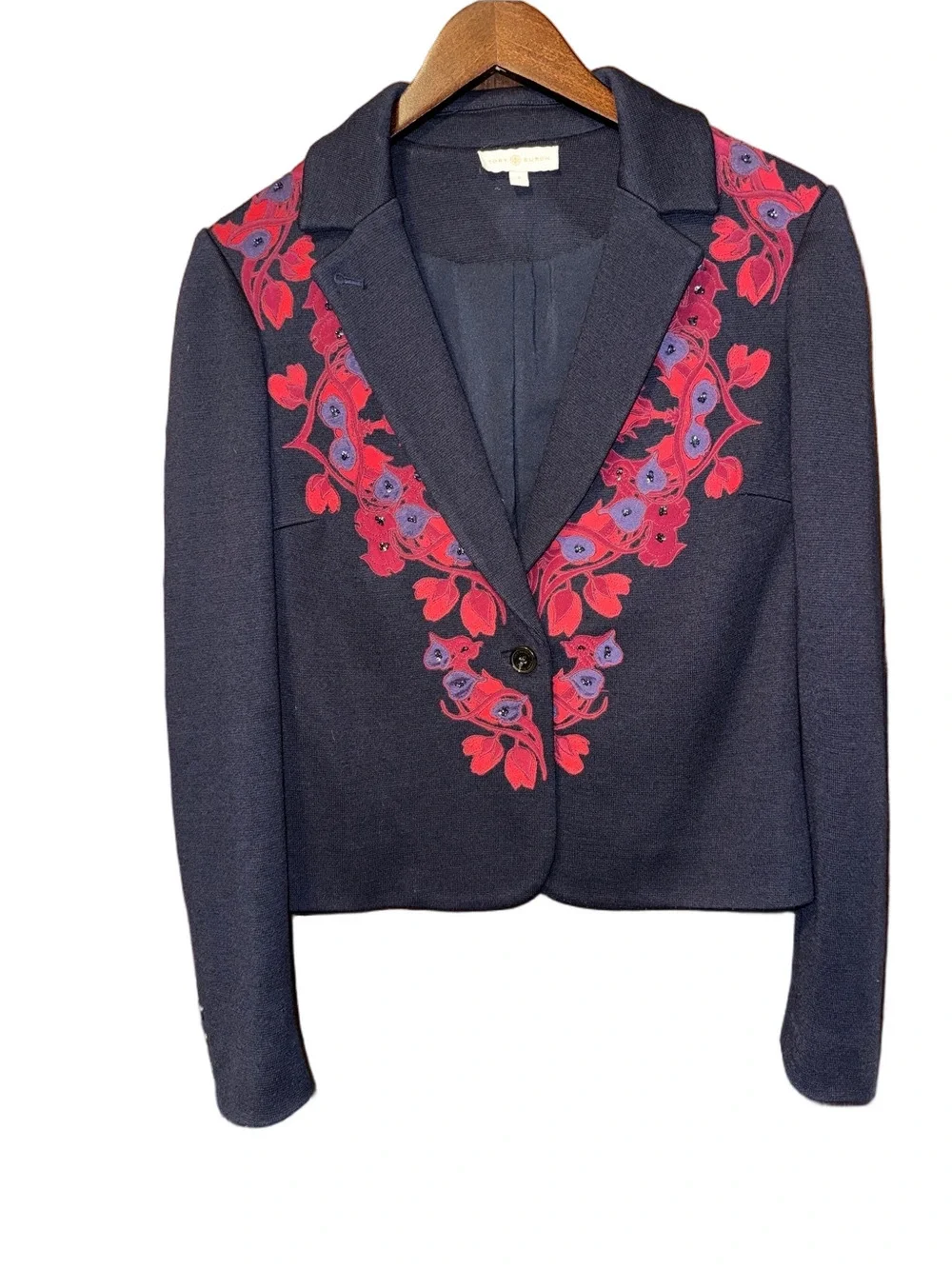 Tory Burch Lisanne Women's Black Blazer Jacket with Red Floral Embroidery Size S